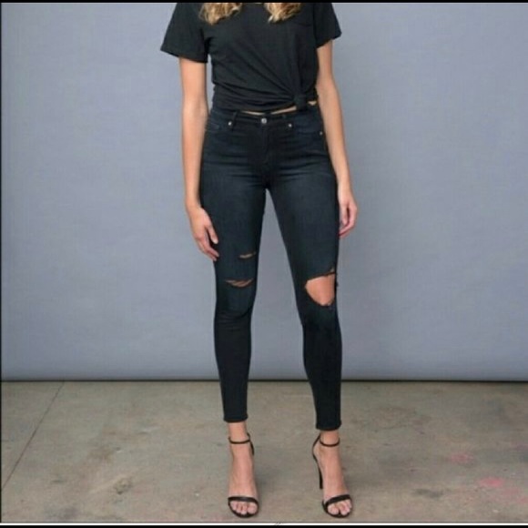 Good American Denim - Good American High Rise Black Distressed Skinny Jeans